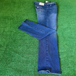 True Religion RICKY Relaxed Straight Red Stitched Medium Wash Jeans Sz 36x34 NWT